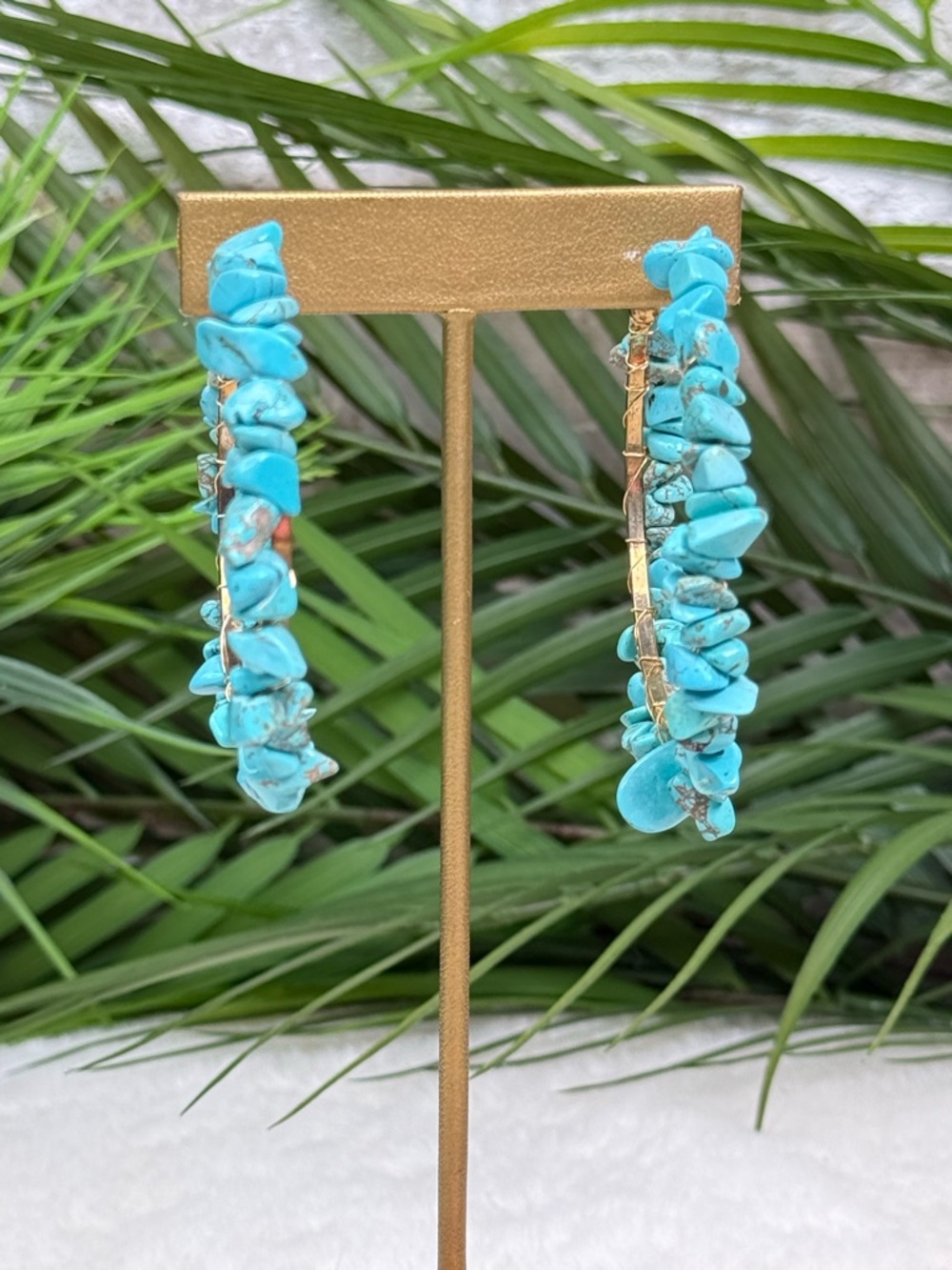 Turquoise Chip Hoop Earrings - Bold Turquoise Statement